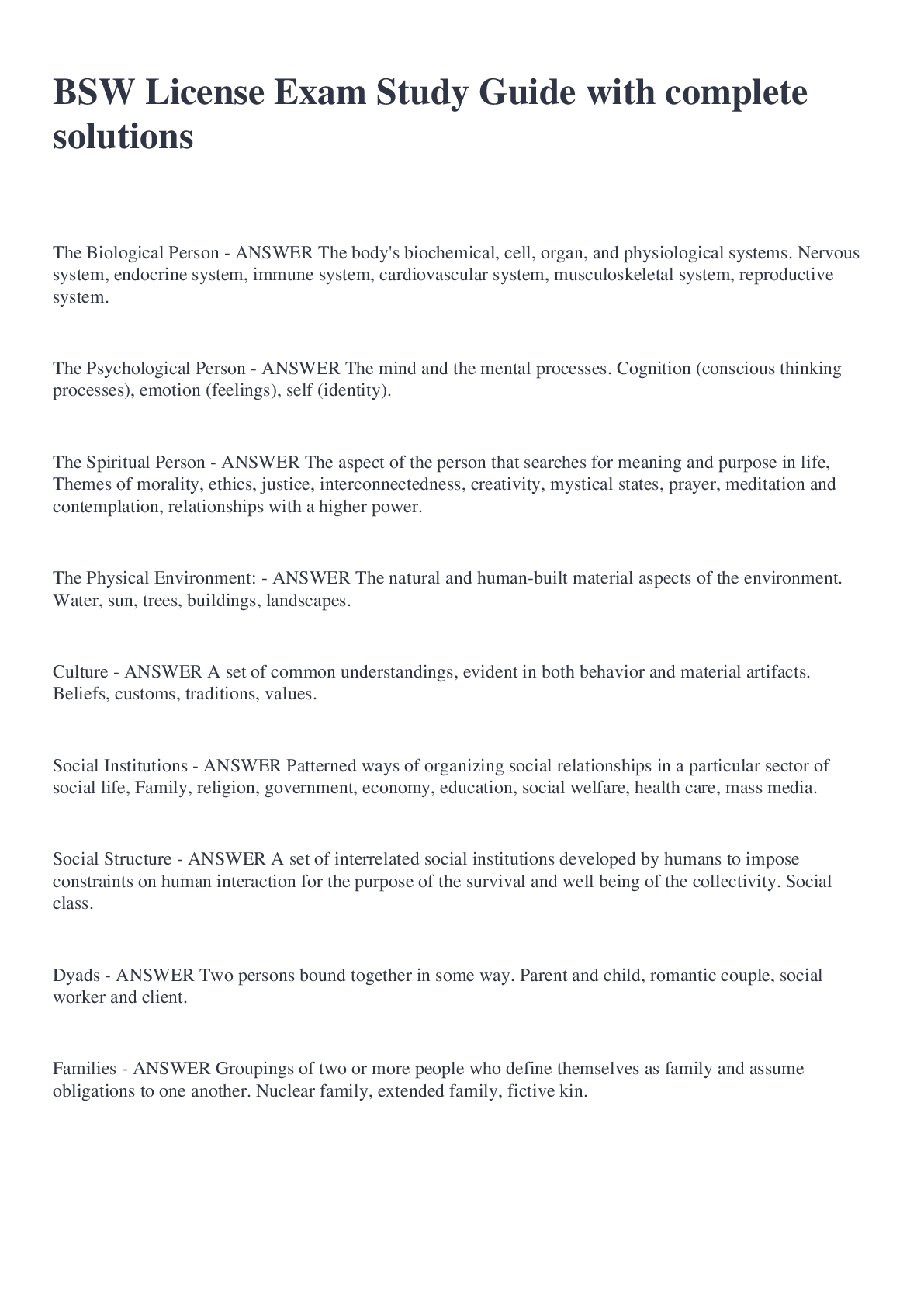 BSW License Exam Study Guide with complete solutions Browsegrades